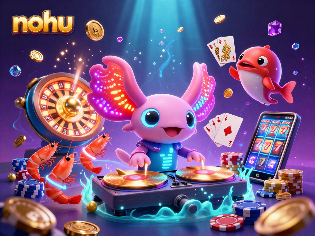 Experience nohu's vibrant casino scene with axolotl DJ, shrimp dancers, and dazzling gaming elements.