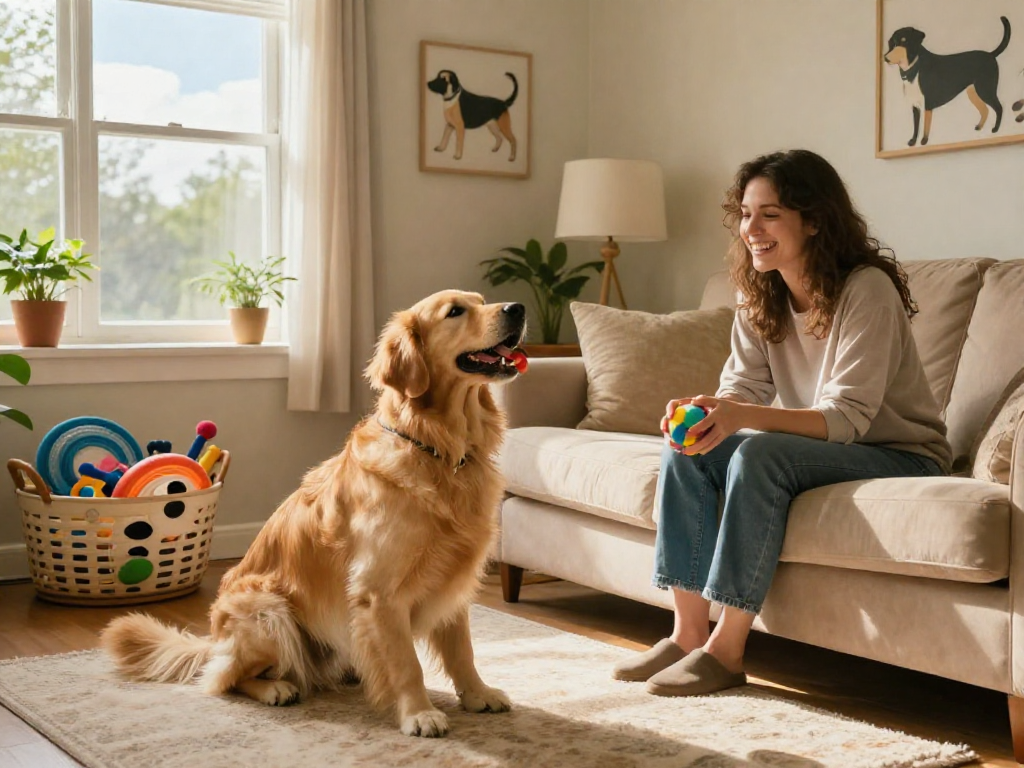 Happy dog playing fetch in a cozy home environment with owner, showcasing DEWI111 lifestyle.