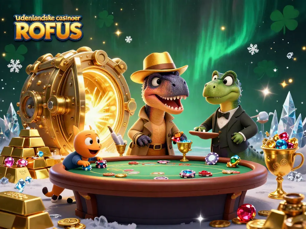 Experience the thrill of udenlandske casinoer uden ROFUS featuring a velociraptor card counter and a stegosaurus pit boss.