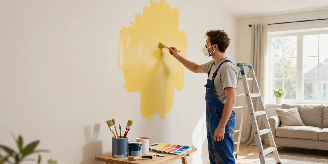 Günstiger Maler in Heidelberg malt eine Wand in einem hellen Wohnraum mit professionellem Equipment.