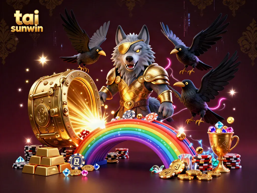 Experience the thrill of gaming with "tai sunwin" featuring a vibrant 3D illustration of a wolf, ravens, and glowing casino elements.