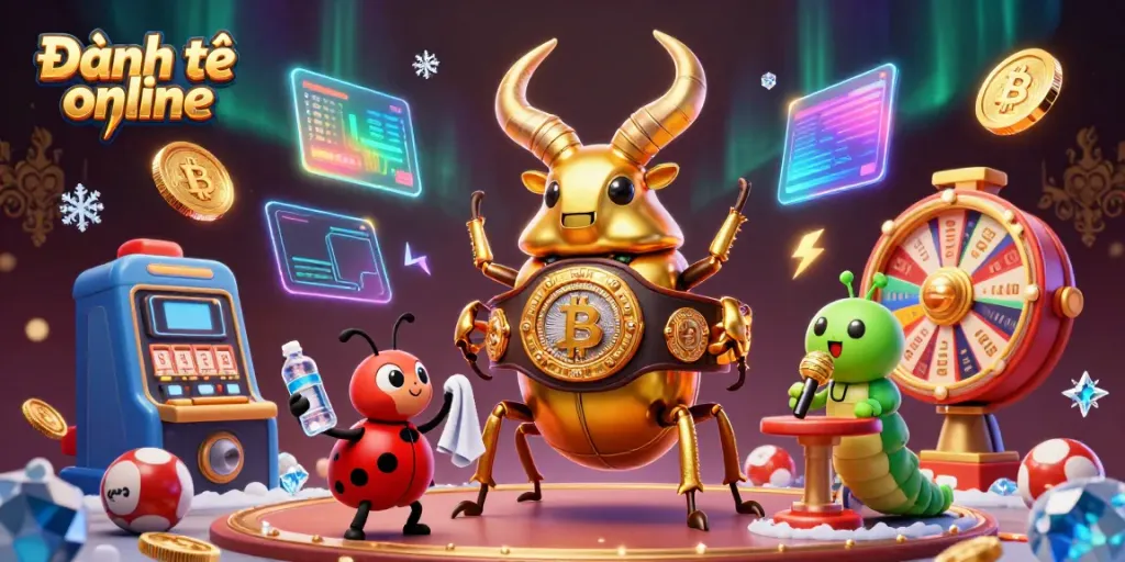 Engage in Đánh đề online with an exciting dynamic illustration featuring a golden stag beetle and lotto elements.