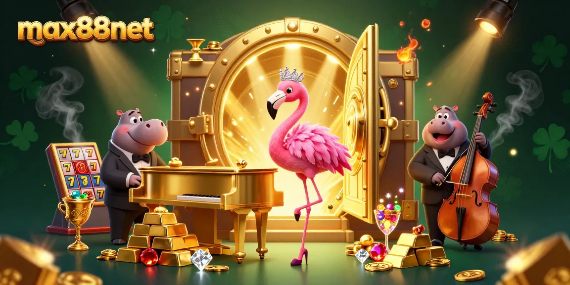 max88net Casino Scene: A vibrant flamingo singer at a golden piano, surrounded by slot reels and treasures.