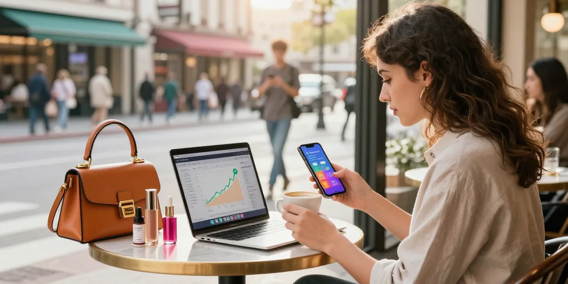 Deutsche Instagram Likes kaufen: Influencerin bei der Analyse von Engagement-Daten in einem urbanen Café.