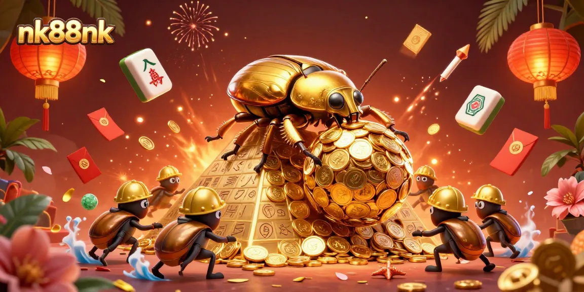 Experience vibrant gaming action at nk88nk with golden beetles and casino symbols in a breathtaking scene.