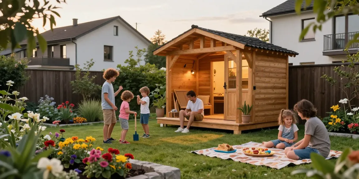 Familie um ein neues Gartenhaus, Kinder spielen mit Spielzeug im Garten.