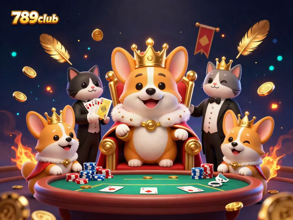 Experience the exciting 789club with a corgi king in a vibrant gambling scene, poker chips and cards abound!