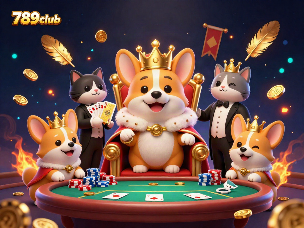 Experience the exciting 789club with a corgi king in a vibrant gambling scene, poker chips and cards abound!