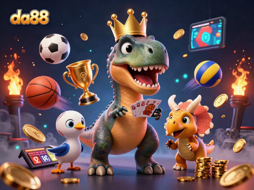 Experience thrilling winnings at da88 with cartoon dinosaurs playing cards and stacking golden chips.