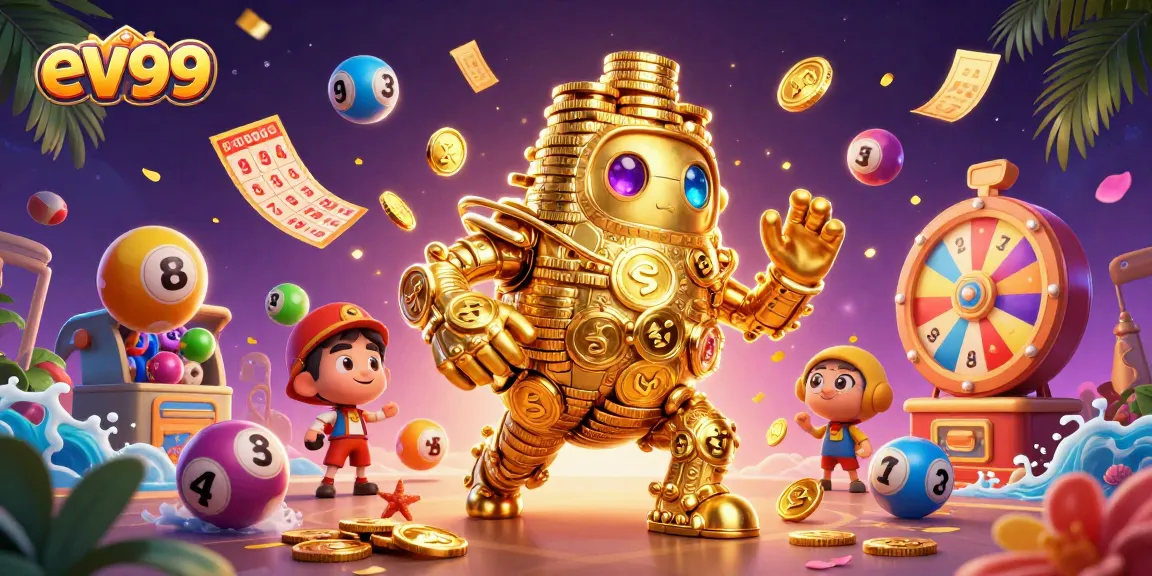 Experience the thrill of ev99 with vibrant lottery elements and a golden golem amidst dynamic visuals.