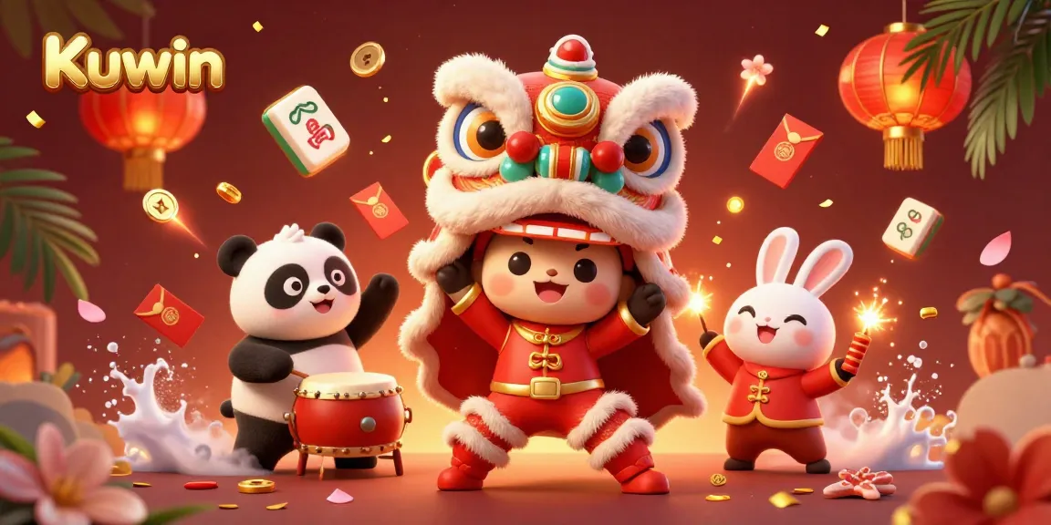 Kuwin showcases a vibrant 3D lion dance celebration with players enjoying games and festivities.