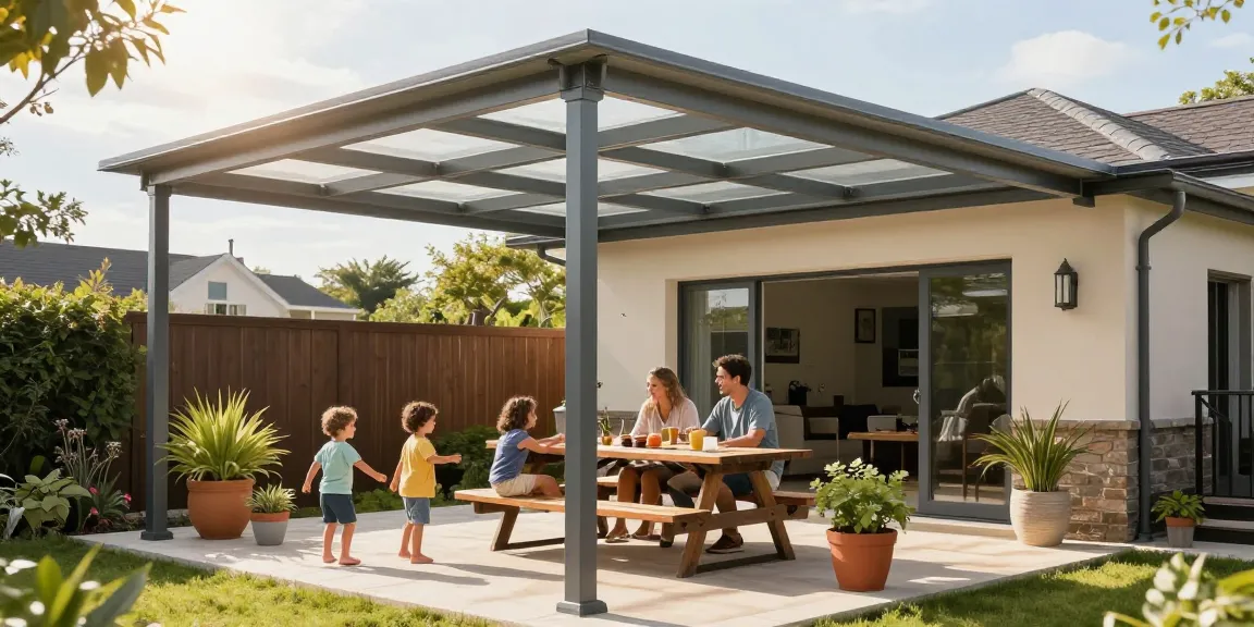 Moderne Terrassenüberdachung mit Familie beim Picknick im Garten.