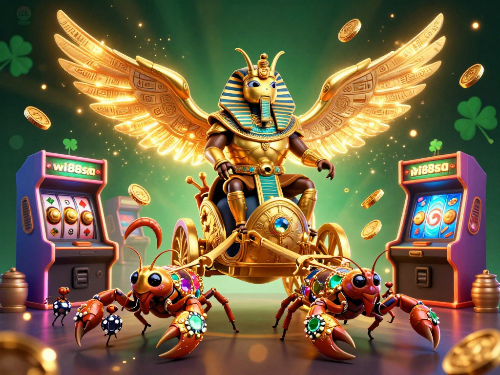Experience vibrant action and gaming excitement with wi88sa's rich casino scene featuring golden scarabs and slot reels.