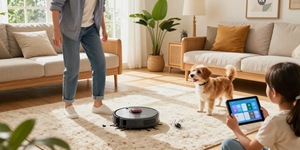 Demonstrating the best robot vacuum 2026 in a cozy living room with a sleek design, vibrant sunlight, and playful family interactions.