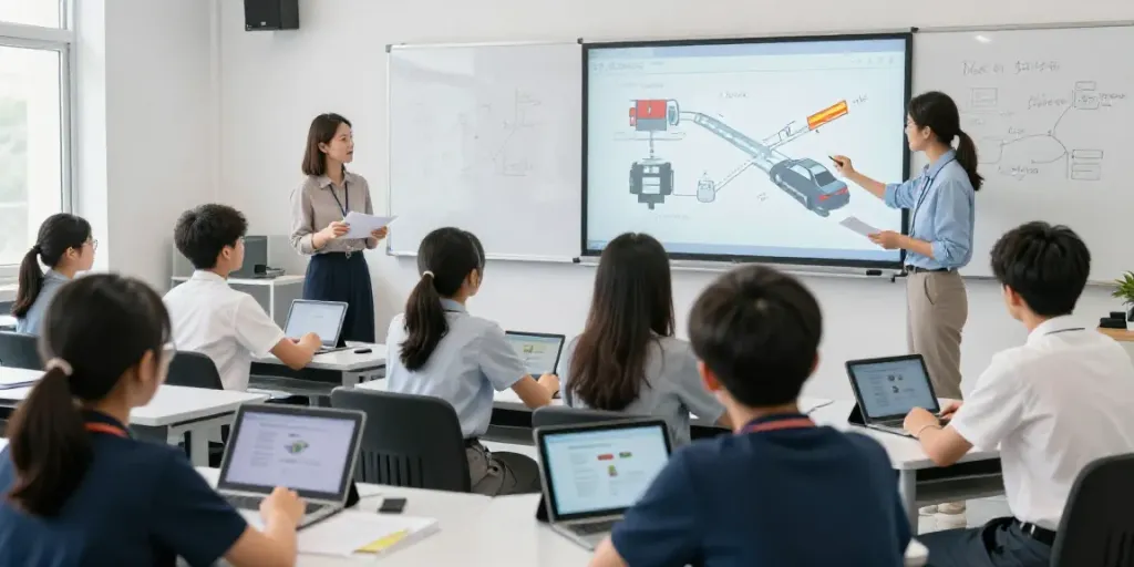 VKU Oerlikon Unterricht: Lehrreiche Verkehrskunde in einer modernen Fahrschule mit engagierten Lehrern und motivierten Schülern.