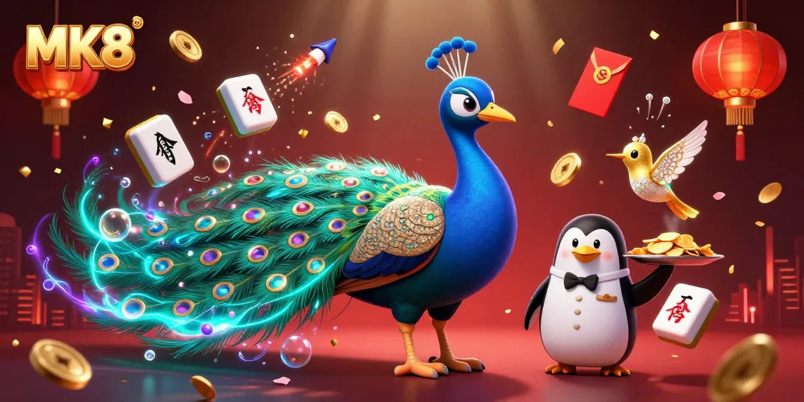 Engage with MK8’s vibrant casino scene featuring a peacock and a penguin with golden chips, rich in details.