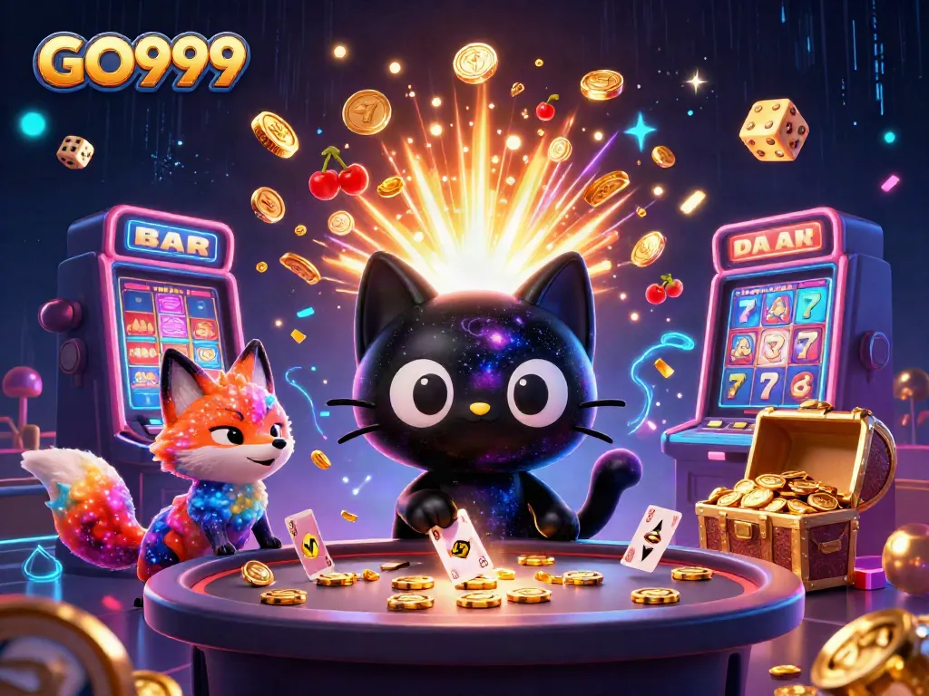 Experience thrilling casino action with GO999 in a vibrant, colorful cosmic scene.