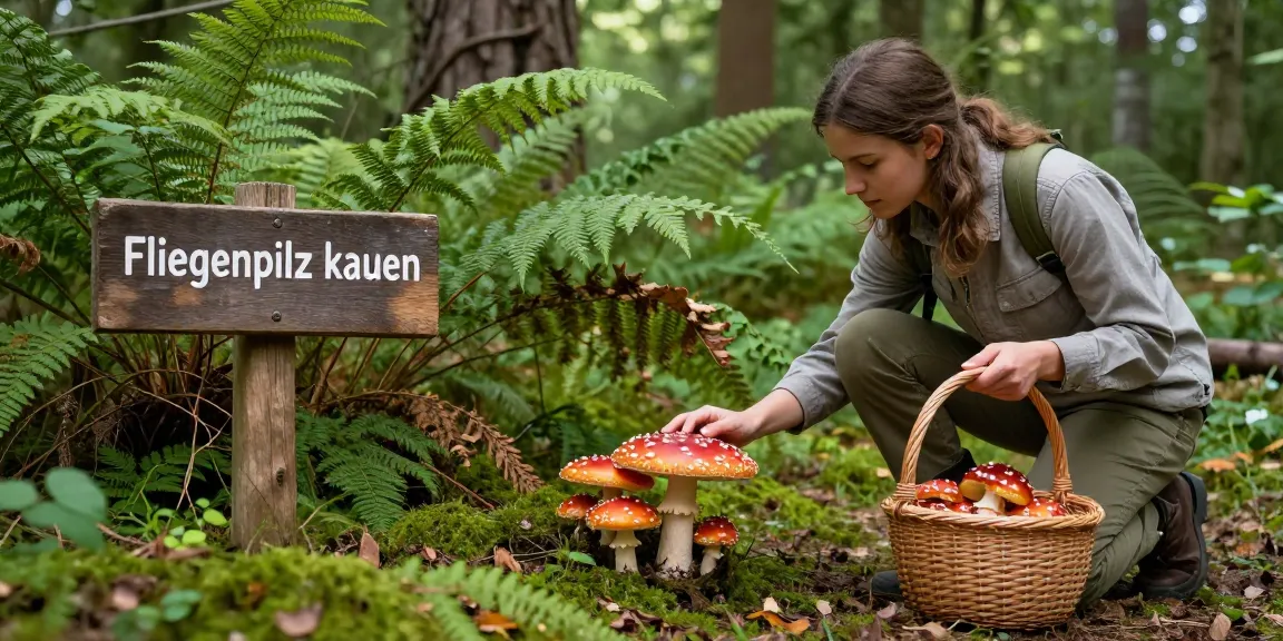 Naturalist erkundet Amanita muscaria Pilze im Wald für Fliegenpilz kaufen.
