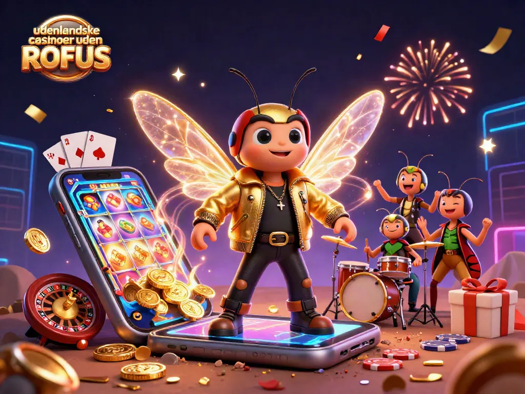 Engage with udenlandske casinoer uden ROFUS through this vibrant 3D illustration of a cicada rock star.