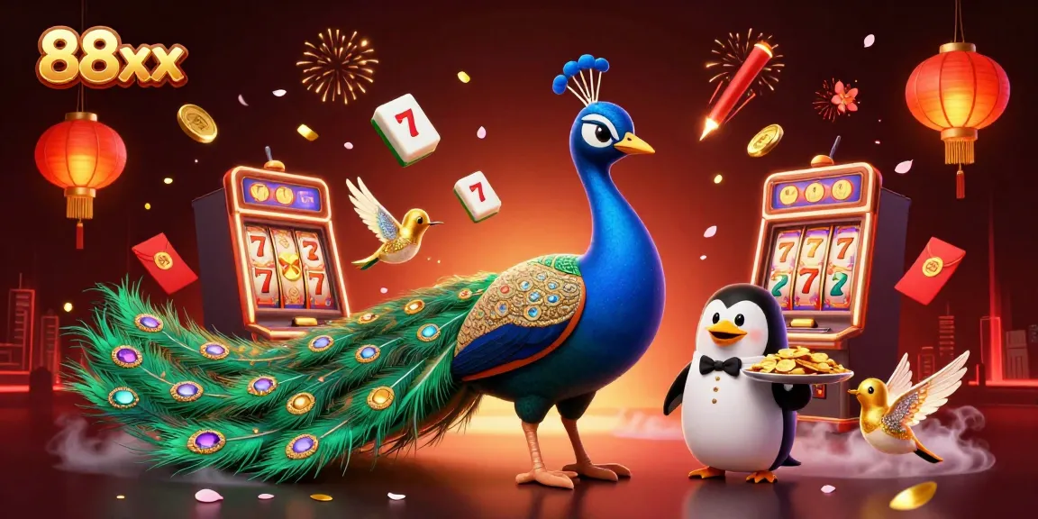 Experience the excitement of 88xx with a vibrant casino scene featuring a peacock, penguin, and hummingbird.