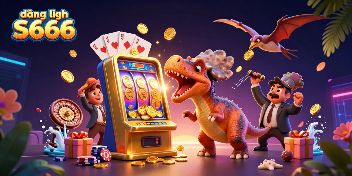 Experience the excitement of đăng nhập S666 with a vibrant 3D casino scene featuring dinosaurs and slot machines.