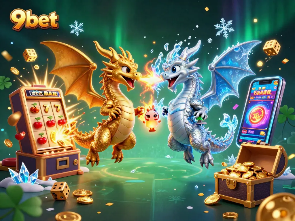 Experience the excitement of 9bet with twin dragons and a jackpot explosion in this vibrant casino illustration.