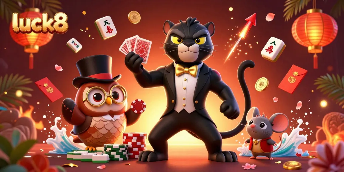 Join the excitement at luck8 with a 3D illustrated scene featuring playful casino characters and vibrant gaming elements.