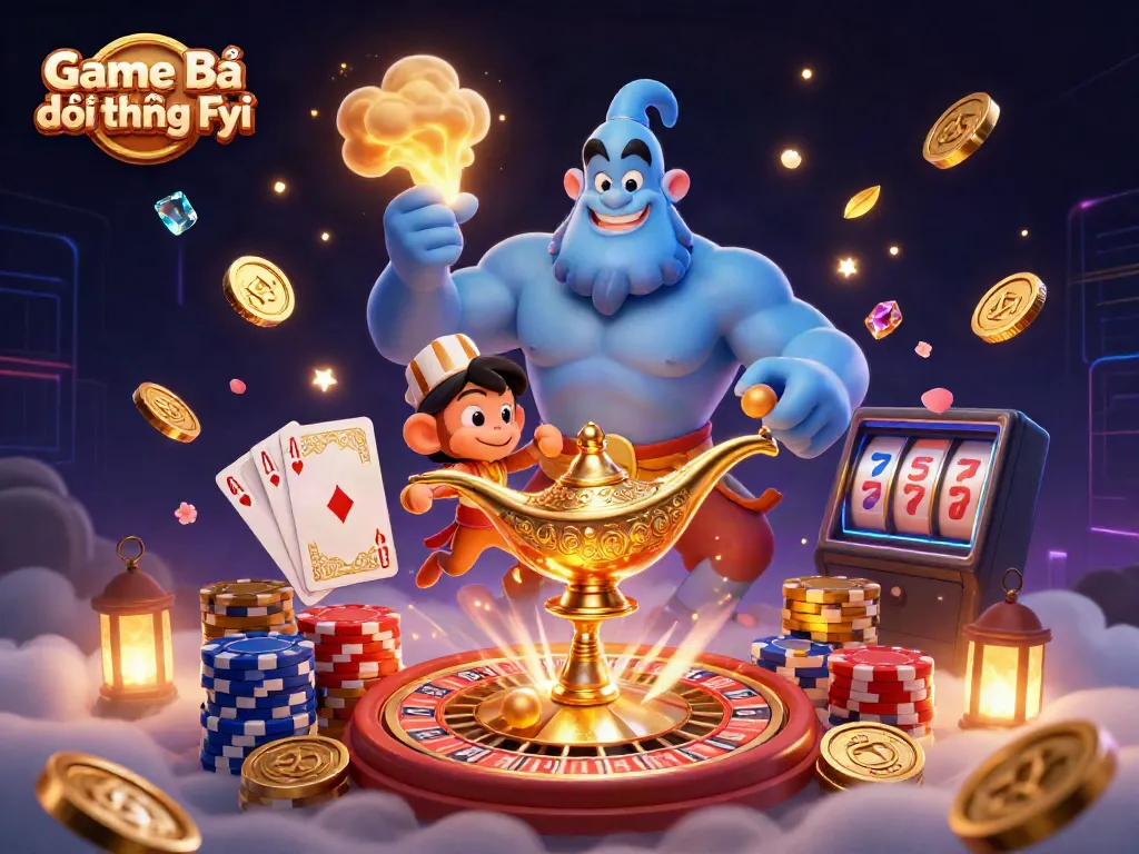Engaging illustration showcasing Game Bài Đổi Thưởng Fyi, with a genie, monkey, and casino elements in a vibrant scene.