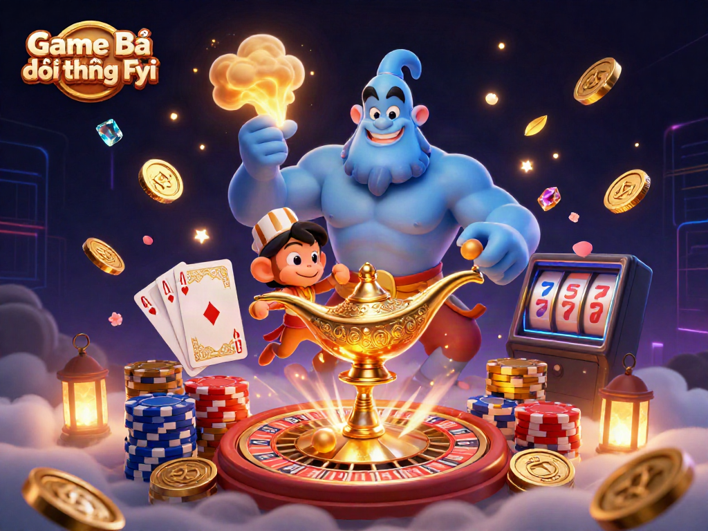 Engaging illustration showcasing Game Bài Đổi Thưởng Fyi, with a genie, monkey, and casino elements in a vibrant scene.