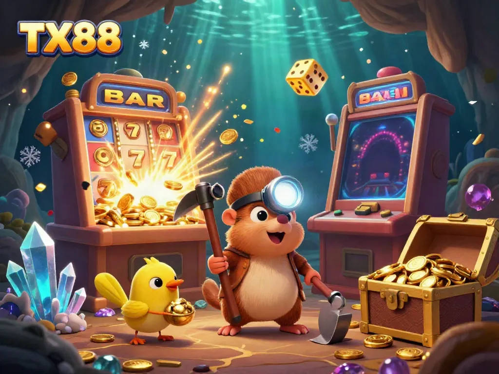 Experience jackpot excitement at TX88 with a treasure hunter mole surrounded by casino games and gold.