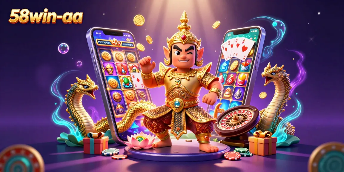 Play thrilling games at 58win-aa, featuring vibrant slots and casino action in a fantasy illustration.