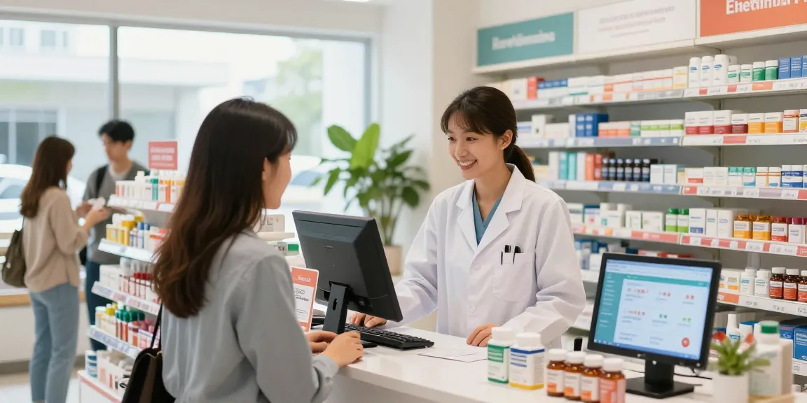 Medi Pharma Shop zeigt lebendige Gesundheitsprodukte und Kundenengagement in einer modernen Apothekenumgebung.