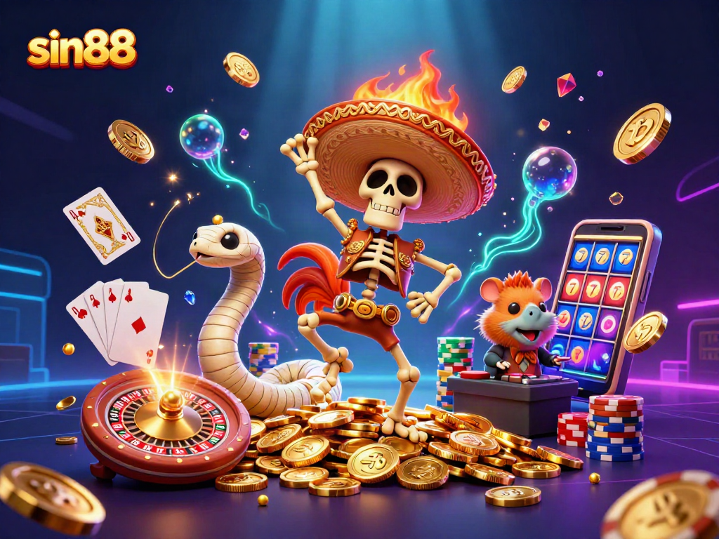 Experience the excitement at sin88 with dynamic 3D cartoon characters celebrating on a pile of golden coins.