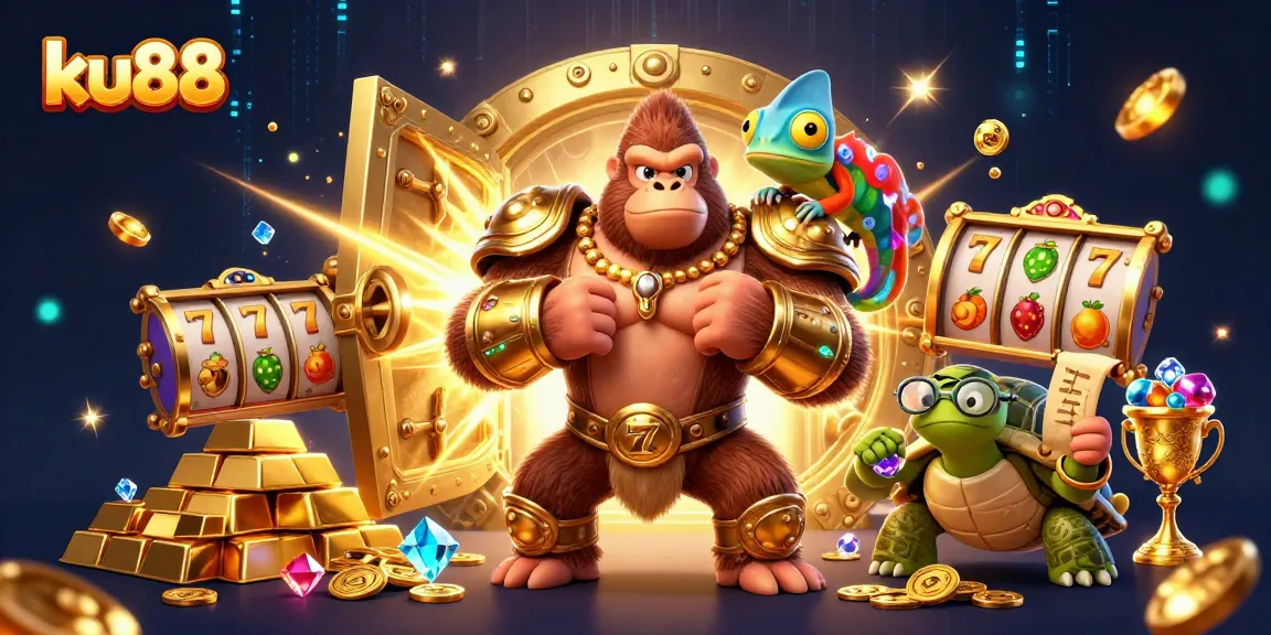 ku88 gaming adventure scene with a gorilla king, chameleon spy, and tortoise elder amidst treasures