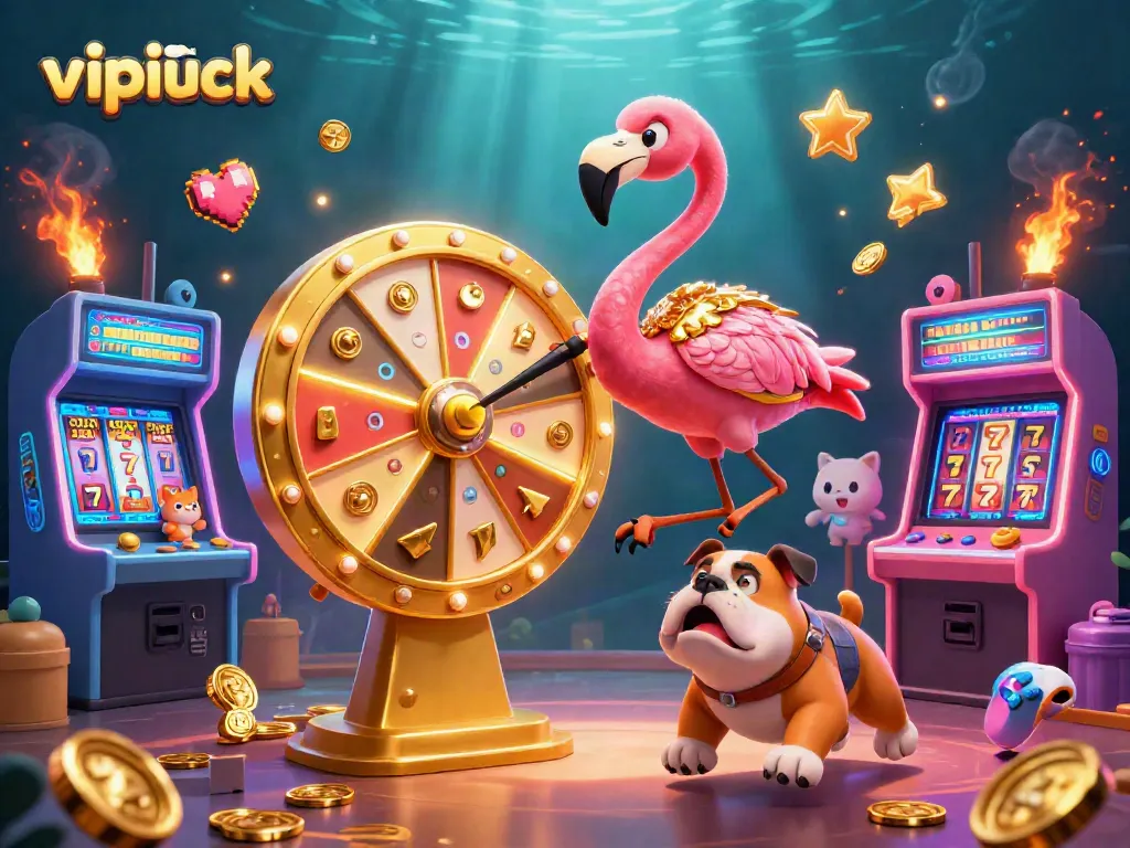 Spin the prize wheel at vipluck casino with a joyful bulldog and a scoreboard cat assistant among vibrant gaming elements.