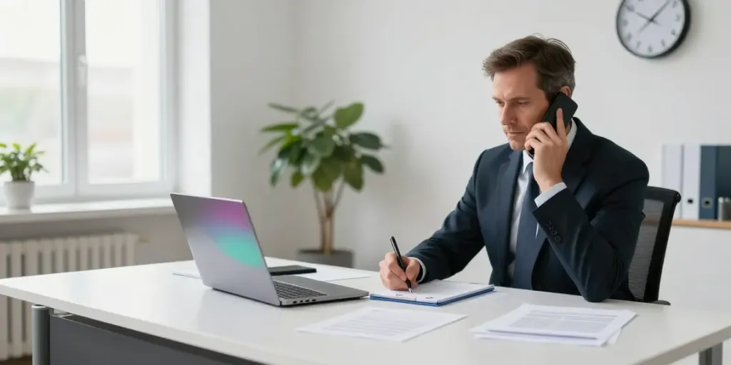 Leipziger Inkasso-Experte führt ein Gespräch in einem modernen Büro.