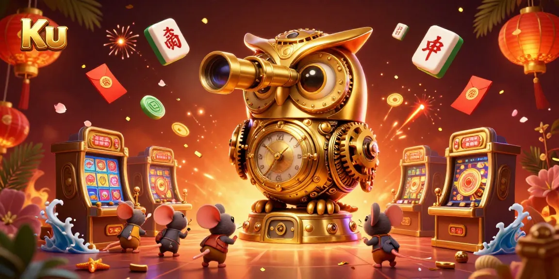 Bet big with Ku, featuring a remarkable 3D golden owl overseeing a vibrant casino scene filled with nostalgic symbols.