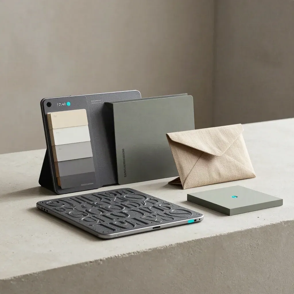 Monumentales Schrift-System-Set auf hellem Stein mit Tablet, Mustermappe und Stoffumschlag im Regenlicht.