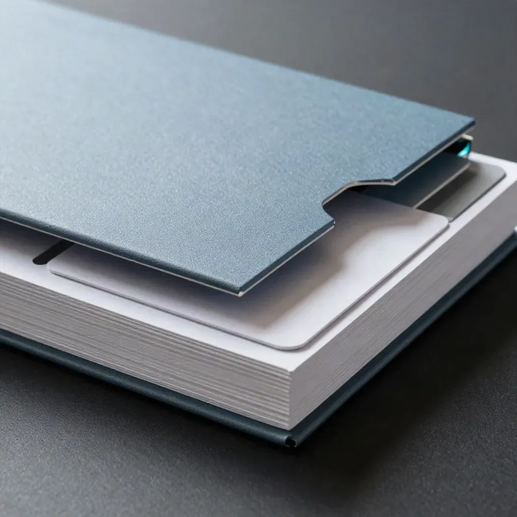Offenes Schrift-System-Kit mit Karten und Einlegern im dunklen Studio