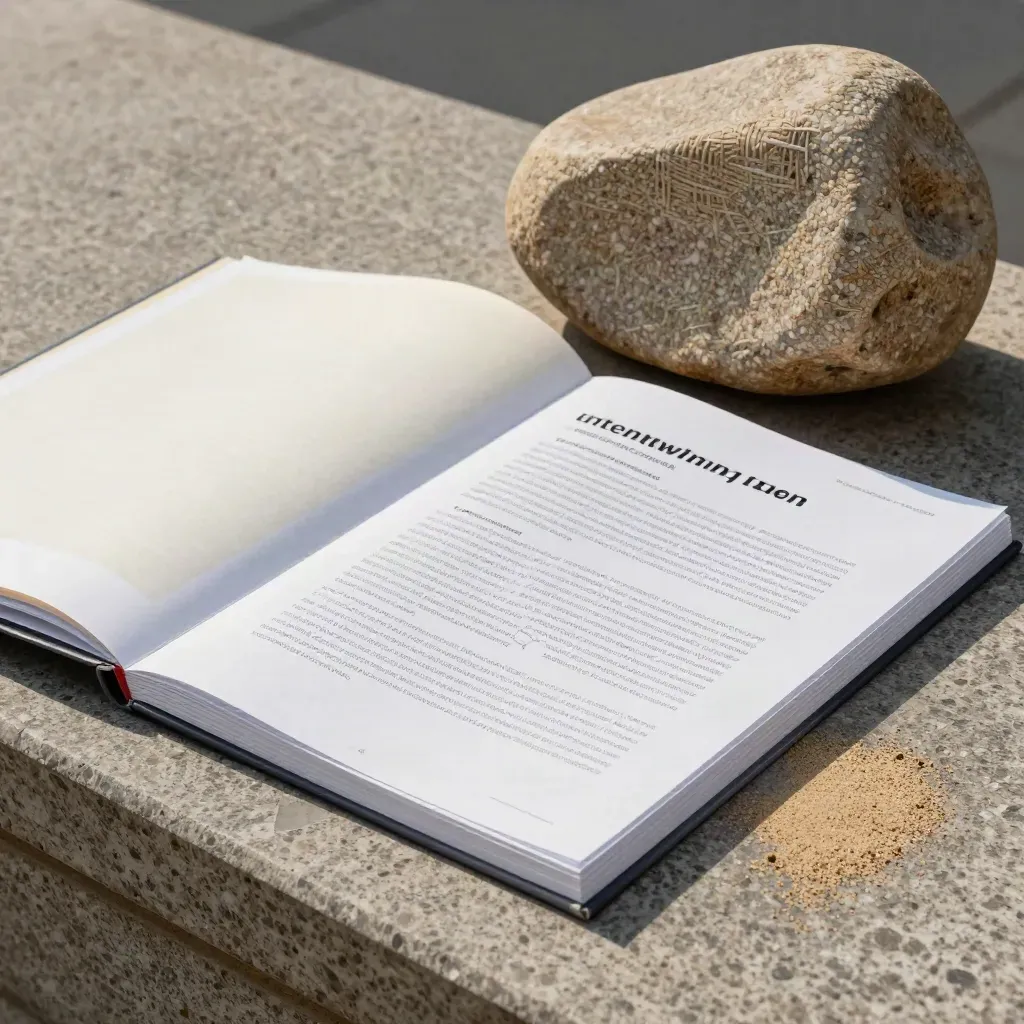 Geschlossener Typo-Leitfaden mit Einleger auf hellem Stein, minimal und edel