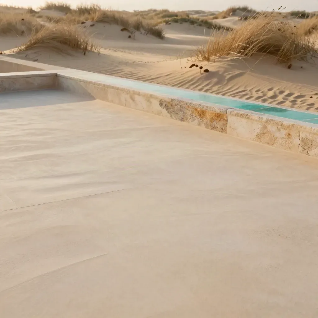 Sandfarbene Terrasse an Dünenkante im Abendwind, mit trockenem Gras und ruhigem Raum für Text.