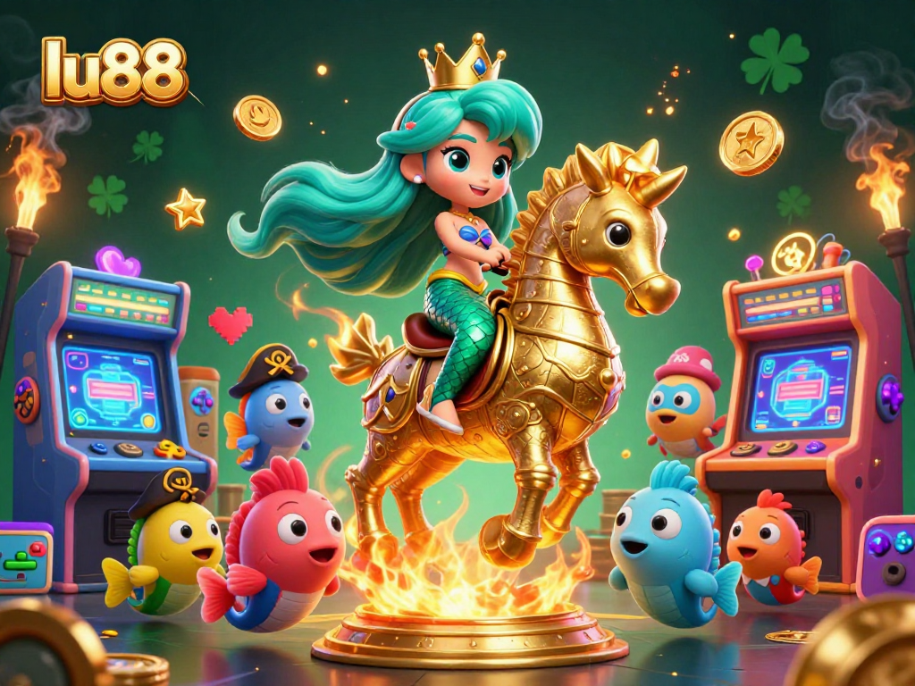 Engage with thrilling gaming at lu88, showcasing vibrant 3D characters in an exciting casino scene.