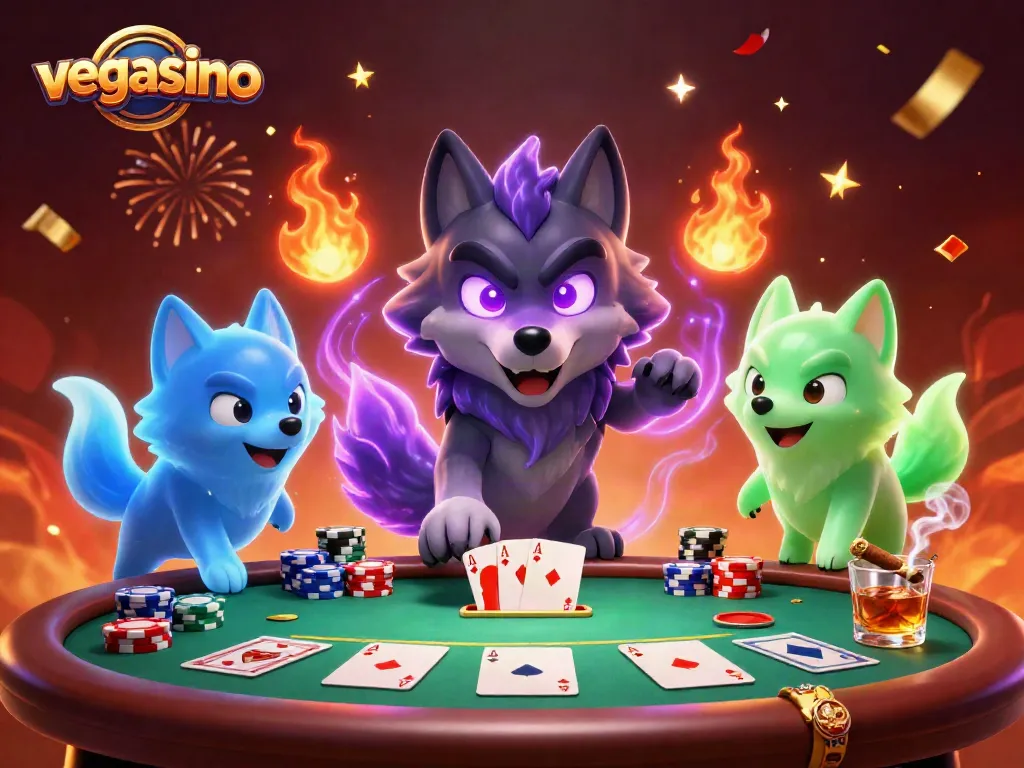 Join the action at vegasino with glowing wolf characters amidst poker excitement and fiery energy.