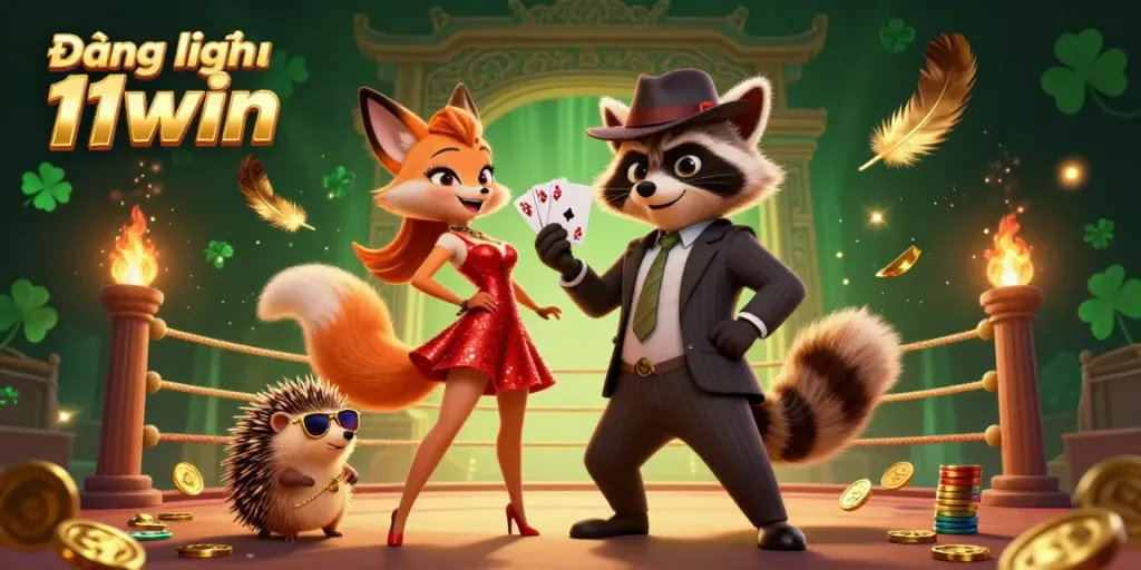 Engaging scene depicting Đăng nhập 11win with a raccoon holding a royal flush and stylish characters in a dynamic casino setting.