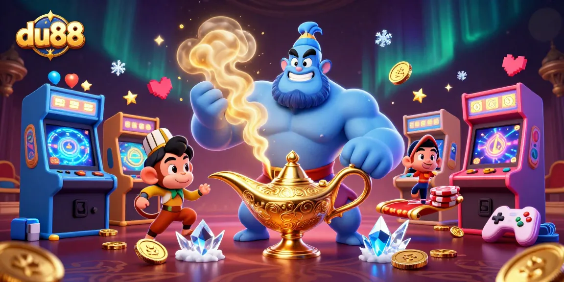 Engage in thrilling games with du88's vibrant 3D illustration showcasing casino and arcade elements.