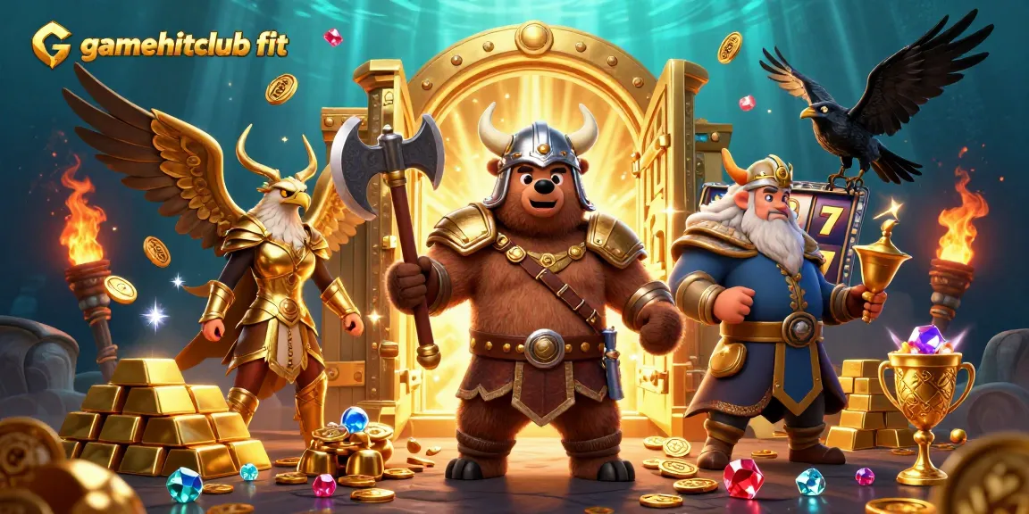 Play exciting games at gamehitclub fit with vibrant characters, slot reels, and treasure elements.