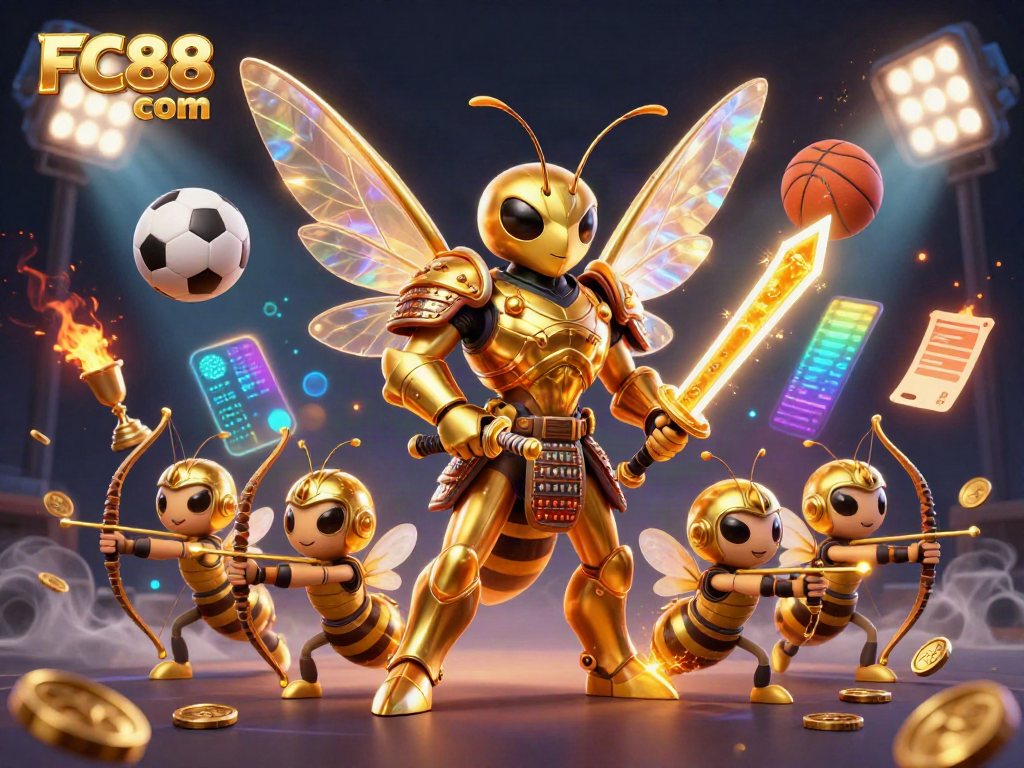 Join the excitement with FC88 com's thrilling sports and gaming scene, featuring a golden hornet and dynamic sports elements.