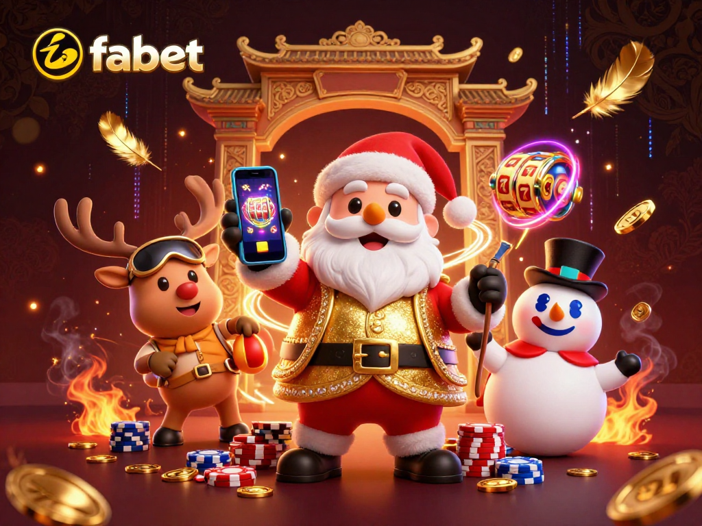 Experience fabet's vibrant slots scene with Santa, reindeer, and snowman amidst golden casino elements.