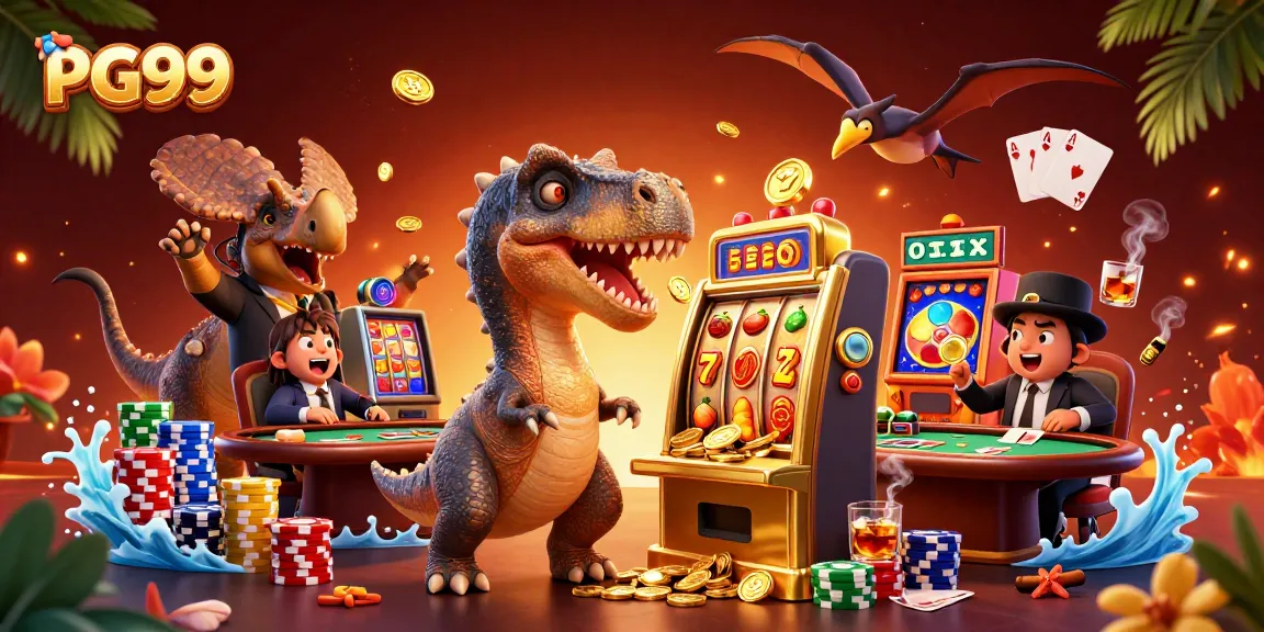 PG99 jackpot coins burst from a slot machine as casino characters celebrate their winning moment.