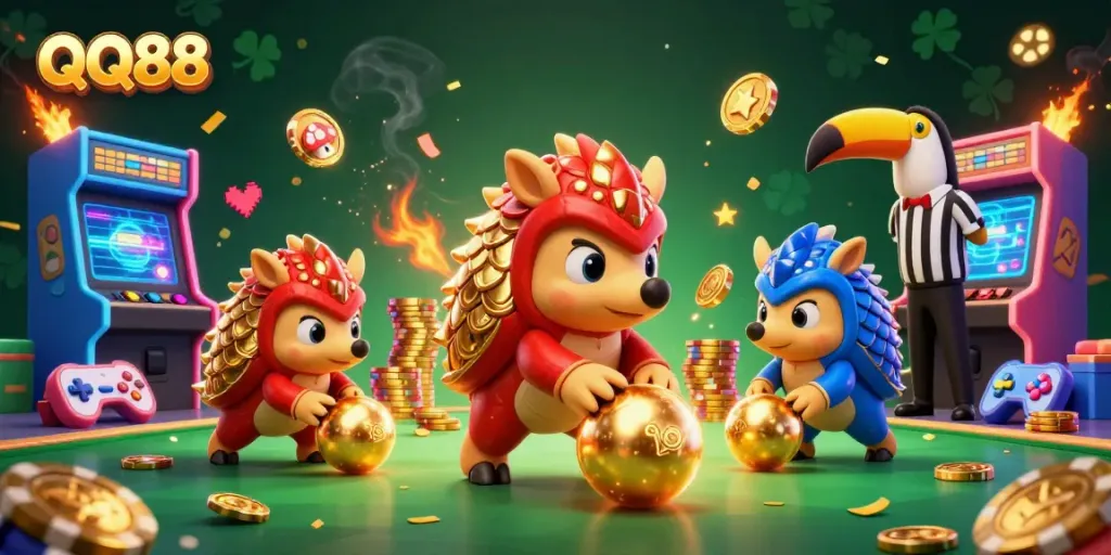 Experience thrilling gameplay with QQ88 in this lively casino scene featuring dazzling pangolins.